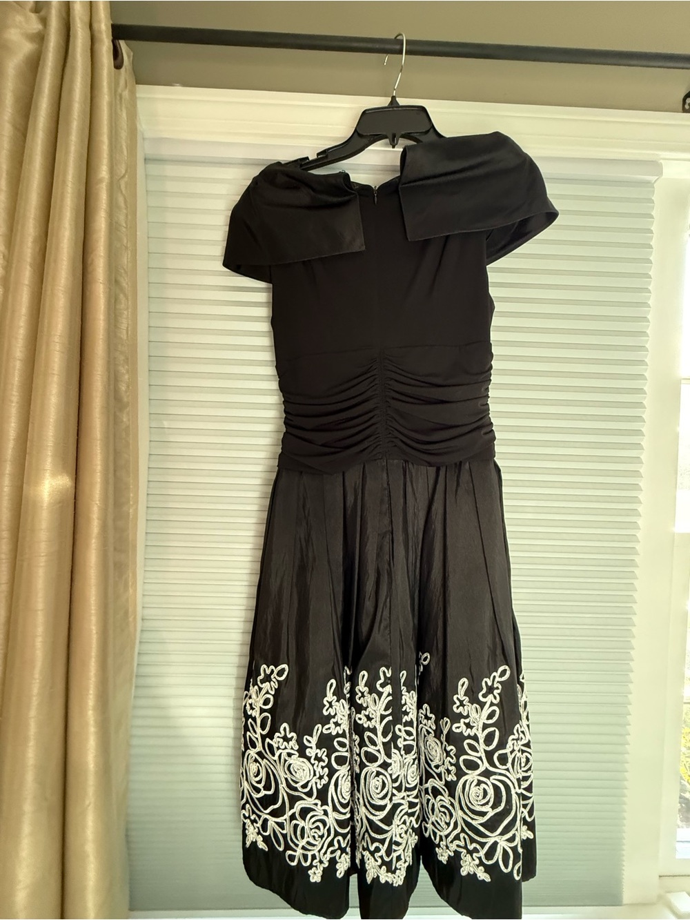 Black Off-Shoulder Midi Dress with White Embroidered Hem